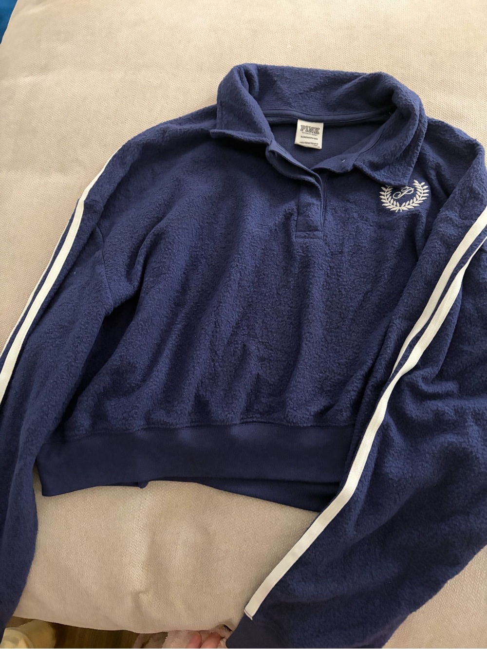 PINK Victoria's Secret Navy Quarter-Zip Pullover with White Sleeve Stripes